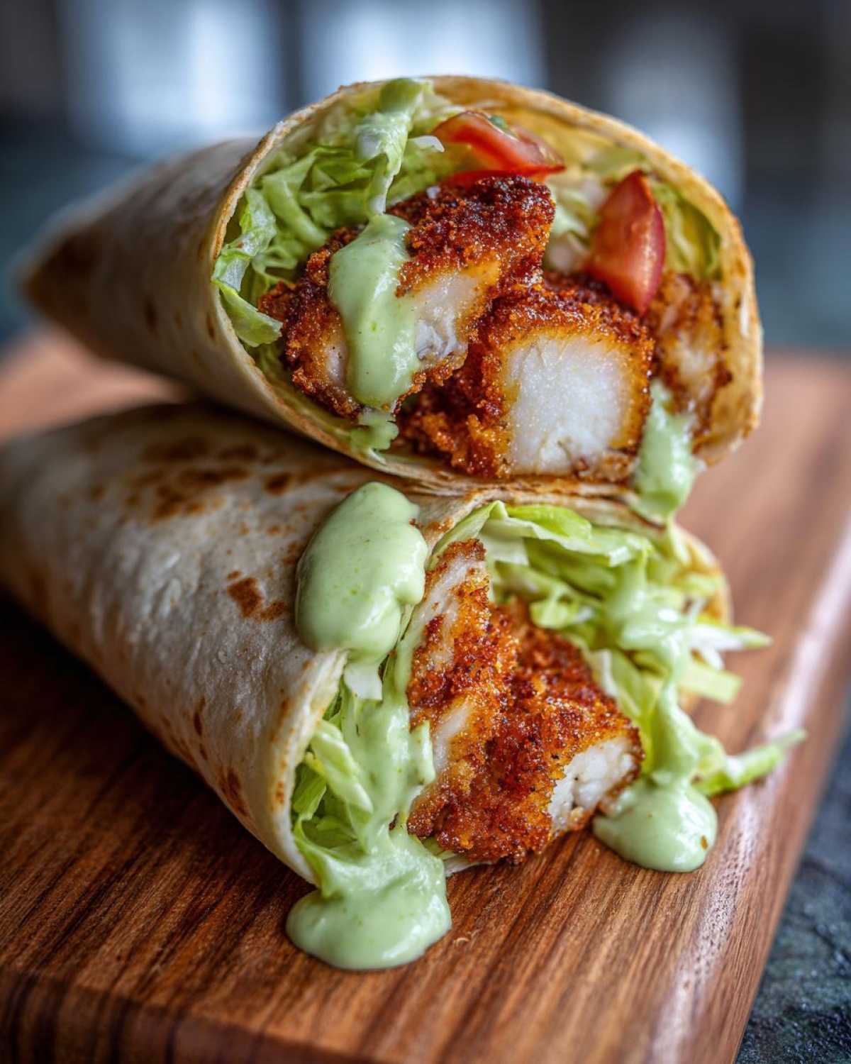 Two halves of a Crispy Chicken Wrap with Avocado Sauce stacked, showing crispy chicken, lettuce, and creamy green sauce.
