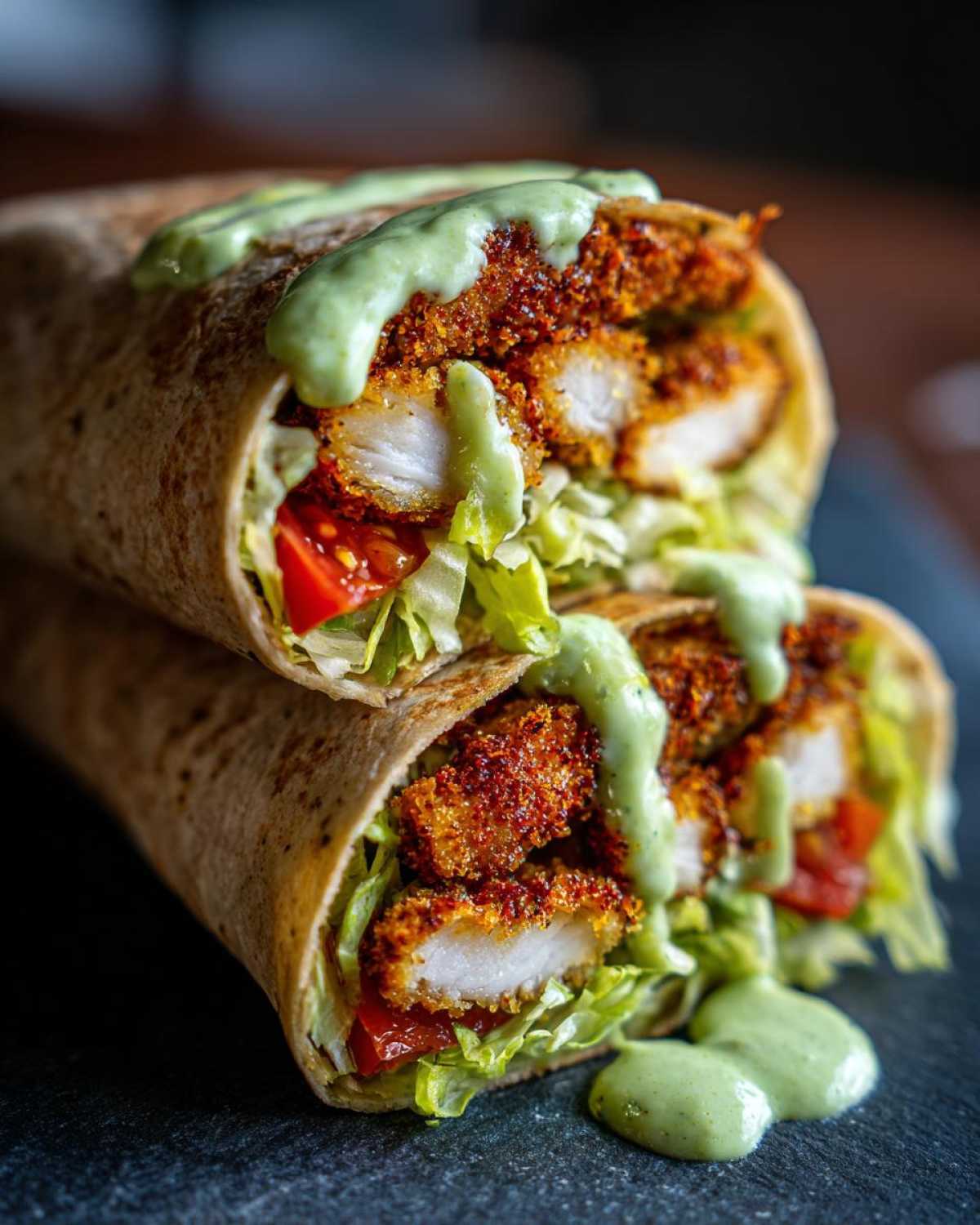 Two halves of a Crispy Chicken Wrap with Avocado Sauce stacked, showing crispy chicken, lettuce, and creamy green sauce.