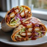 A Crispy Chicken Wrap with Honey Garlic Sauce cut in half, showing crispy chicken, lettuce, and purple cabbage drizzled with sauce.