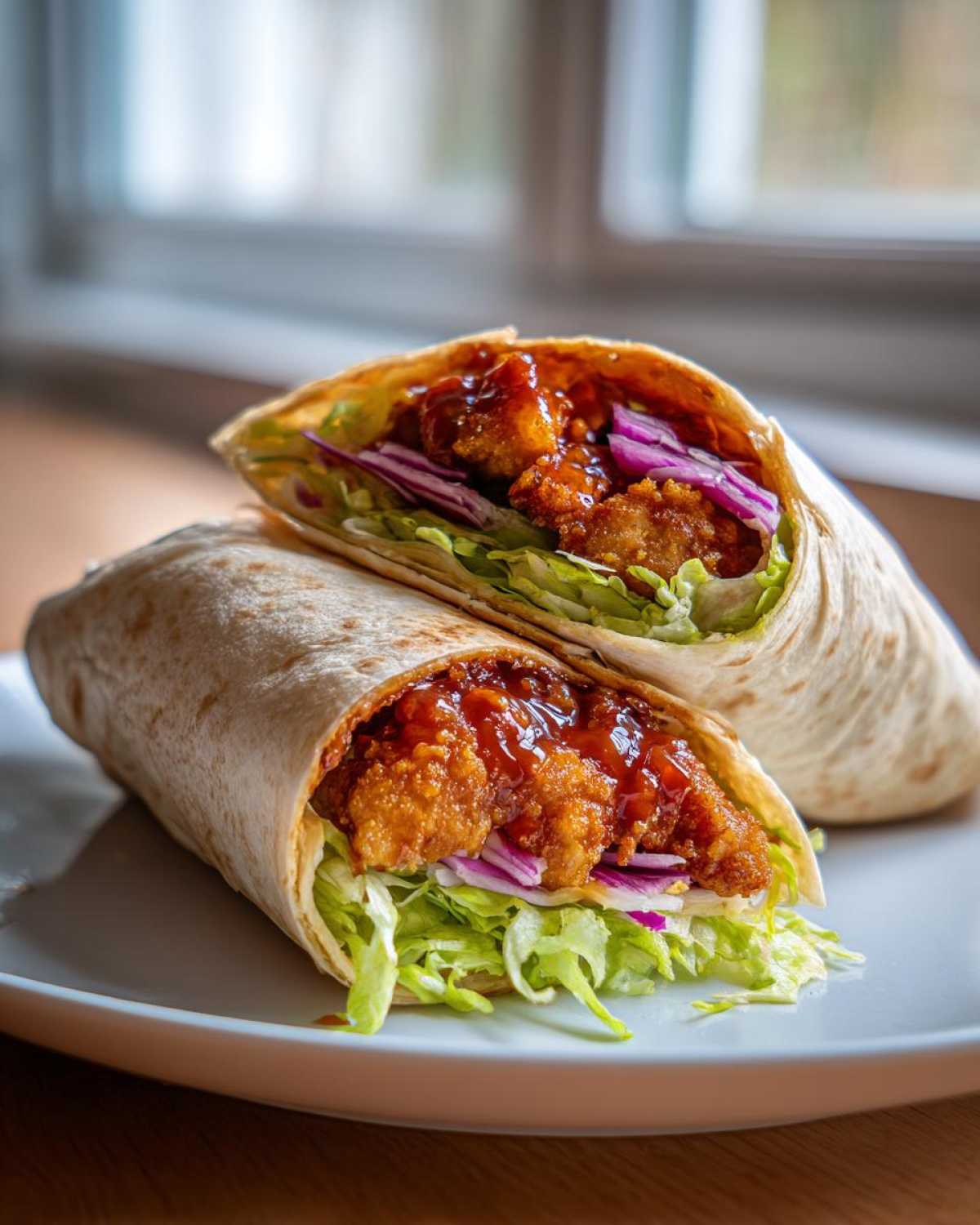 Two halves of a Crispy Chicken Wrap with Honey Garlic Sauce, showing crispy chicken, lettuce, and red onion inside a tortilla.