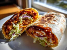 Close-up of a Crispy Chicken Wrap with Honey Garlic Sauce cut in half, showing crispy chicken, slaw, and sauces.