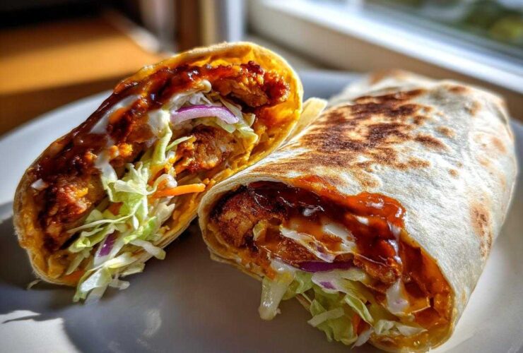 Close-up of a Crispy Chicken Wrap with Honey Garlic Sauce cut in half, showing crispy chicken, slaw, and sauces.