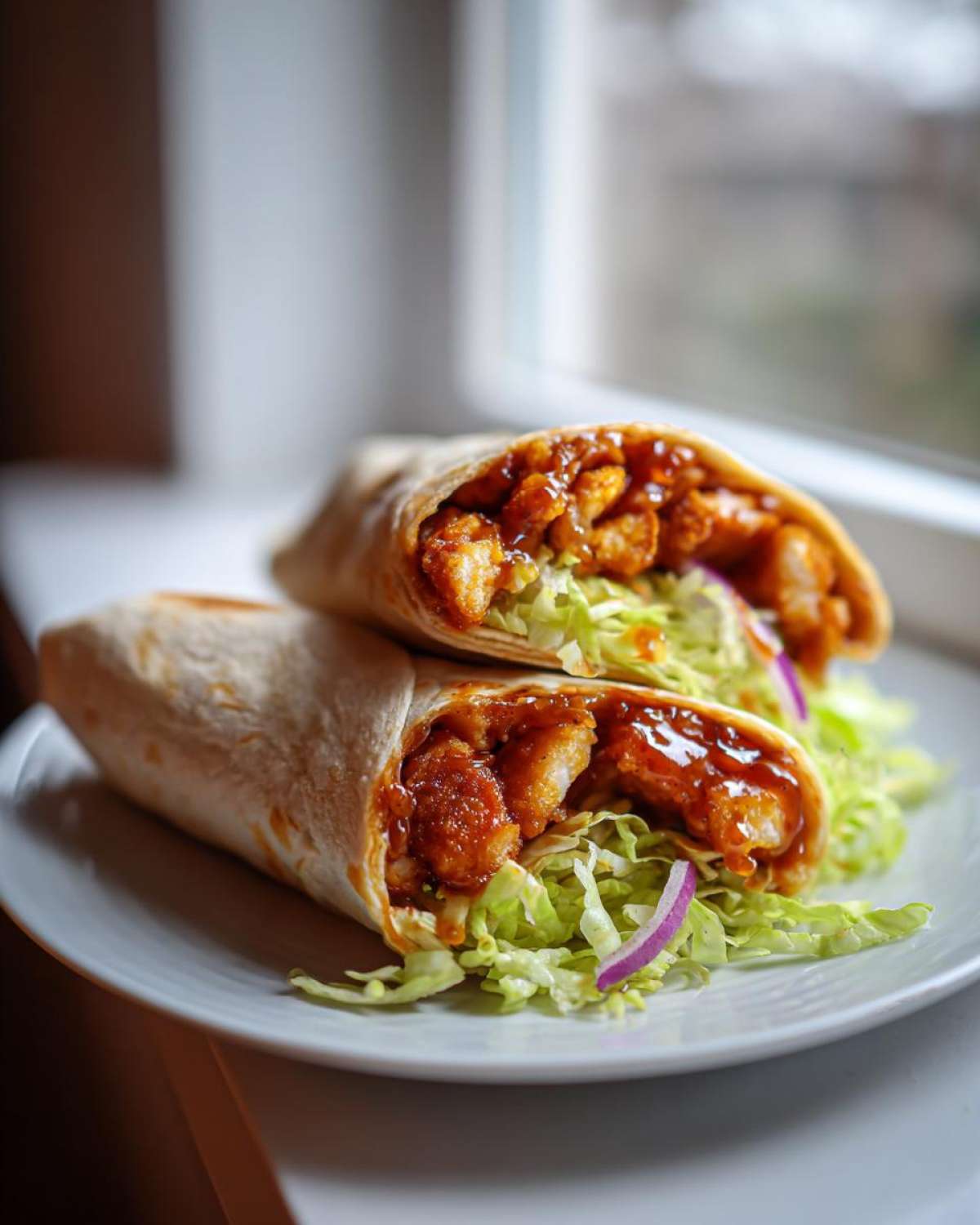 Two halves of a Crispy Chicken Wrap with Honey Garlic Sauce, showing crispy chicken, shredded lettuce, and red onion inside.