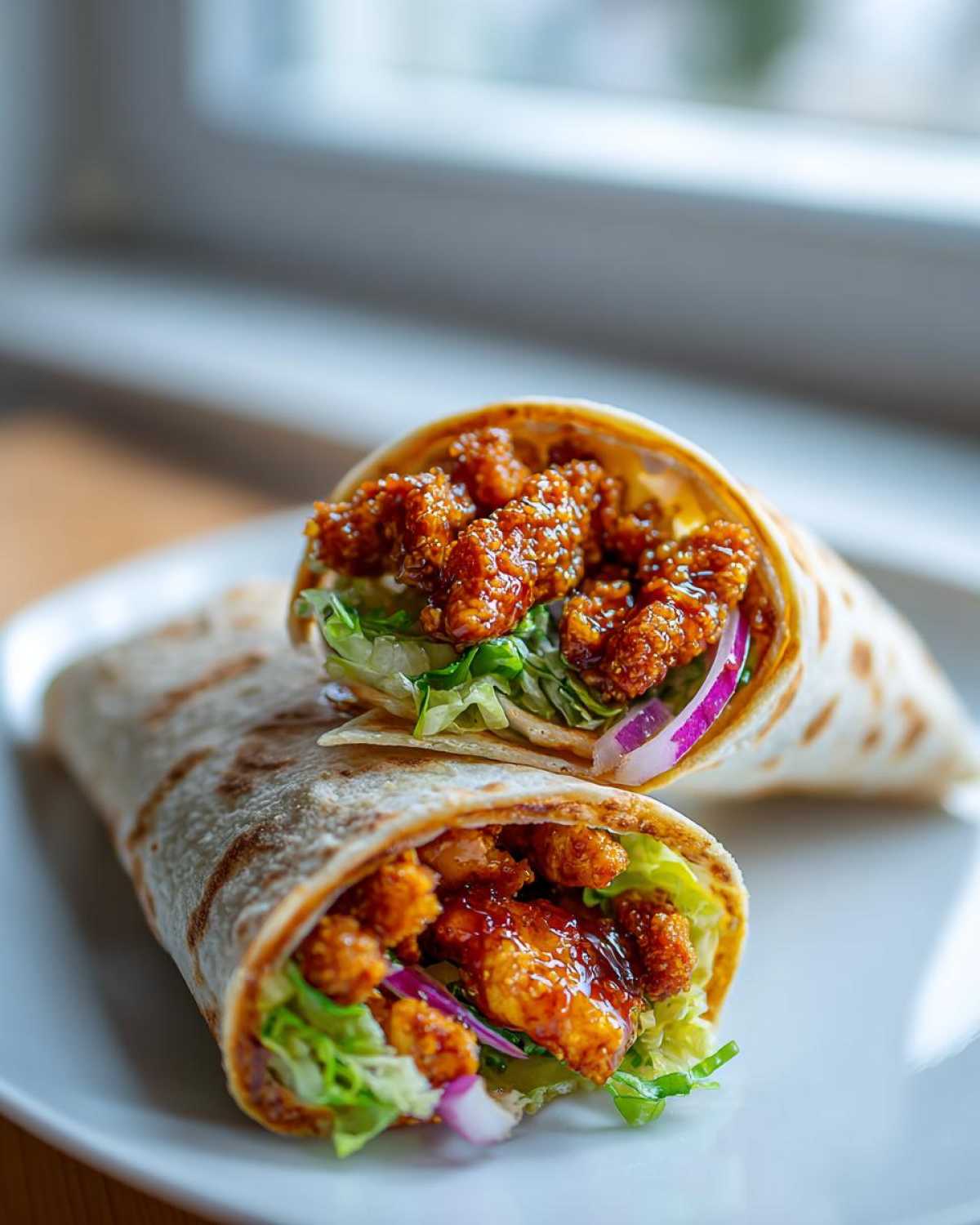 Two halves of a Crispy Chicken Wrap with Honey Garlic Sauce, filled with crispy chicken, lettuce, and red onion.