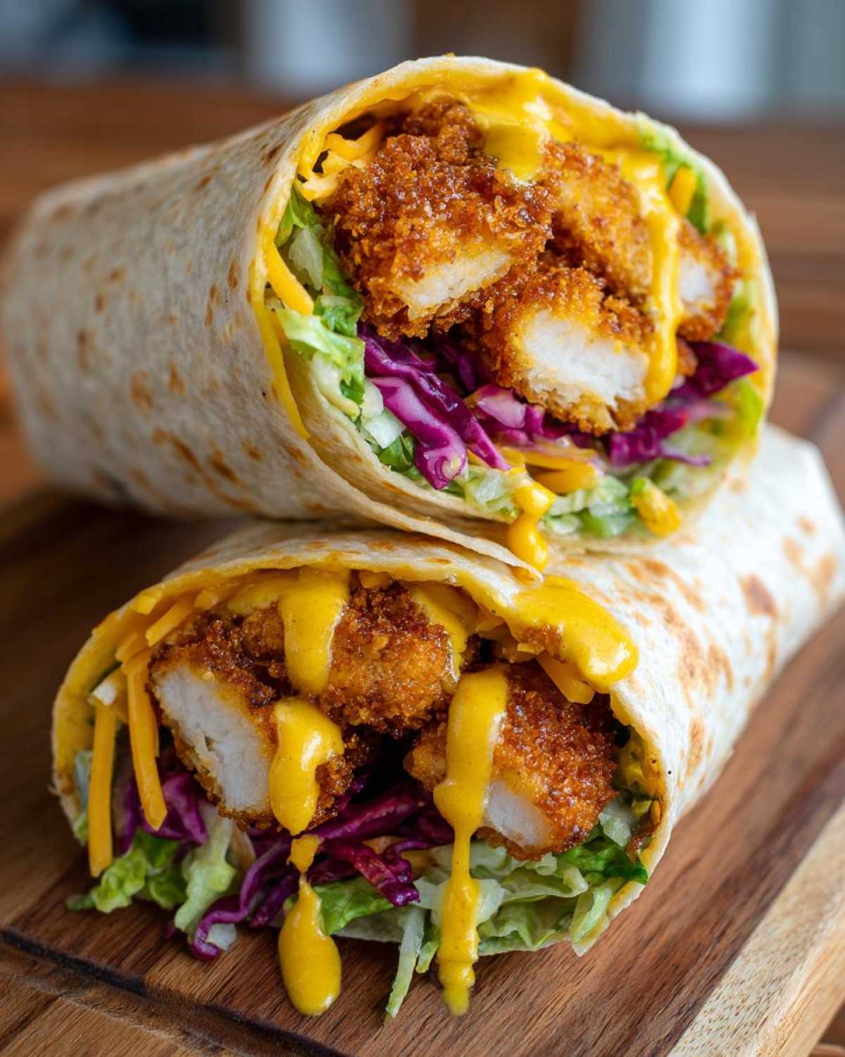 Two halves of a Crispy Chicken Wrap with Honey Mustard Sauce, showing crispy chicken, lettuce, and purple cabbage.