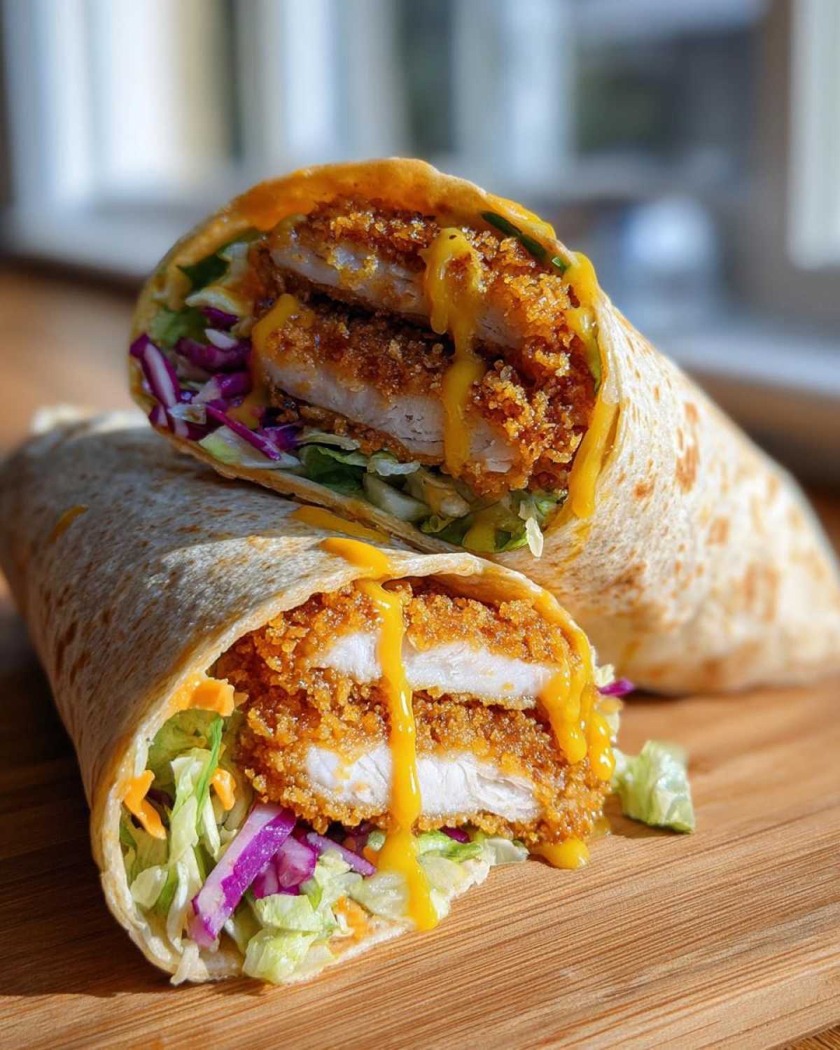 A close-up of a Crispy Chicken Wrap cut in half, showing crispy chicken, slaw, and drizzled honey mustard sauce.