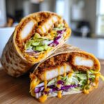 A close-up of a Crispy Chicken Wrap with Honey Mustard Sauce cut in half, showing crispy chicken, lettuce, and purple cabbage.