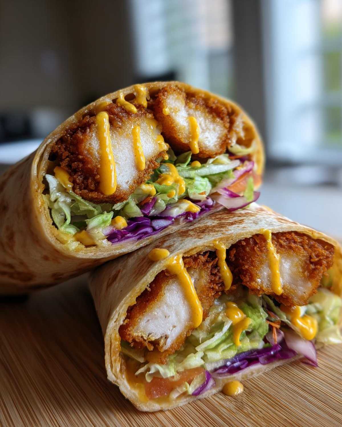 Two halves of a Crispy Chicken Wrap with Honey Mustard Sauce, showing crispy chicken, lettuce, and purple cabbage.