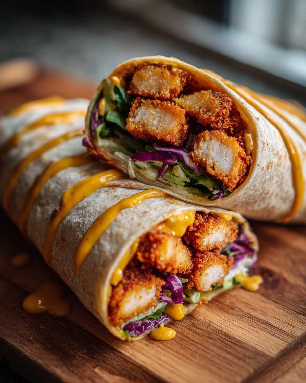 Cross-section of a Crispy Chicken Wrap with honey mustard sauce drizzled over crunchy chicken pieces and fresh lettuce.