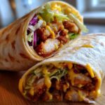 Two halves of a Crispy Chicken Wrap with Honey Mustard Sauce, showing crispy chicken, lettuce, and cheese inside a tortilla.