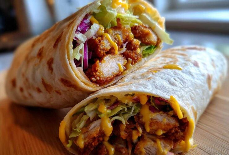 Two halves of a Crispy Chicken Wrap with Honey Mustard Sauce, showing crispy chicken, lettuce, and cheese inside a tortilla.