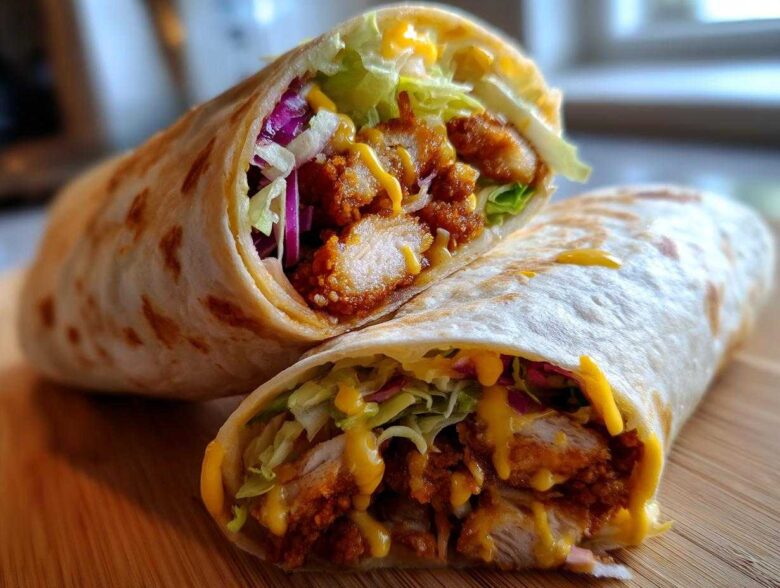 Two halves of a Crispy Chicken Wrap with Honey Mustard Sauce, showing crispy chicken, lettuce, and cheese inside a tortilla.