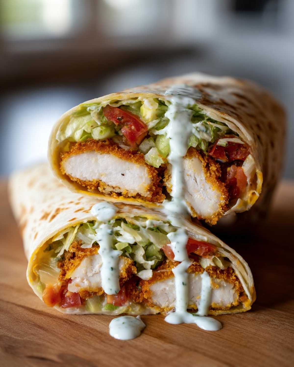 A close-up of a Crispy Chicken Wrap with Ranch Sauce cut in half, showing crispy chicken, lettuce, and tomatoes drizzled with ranch.