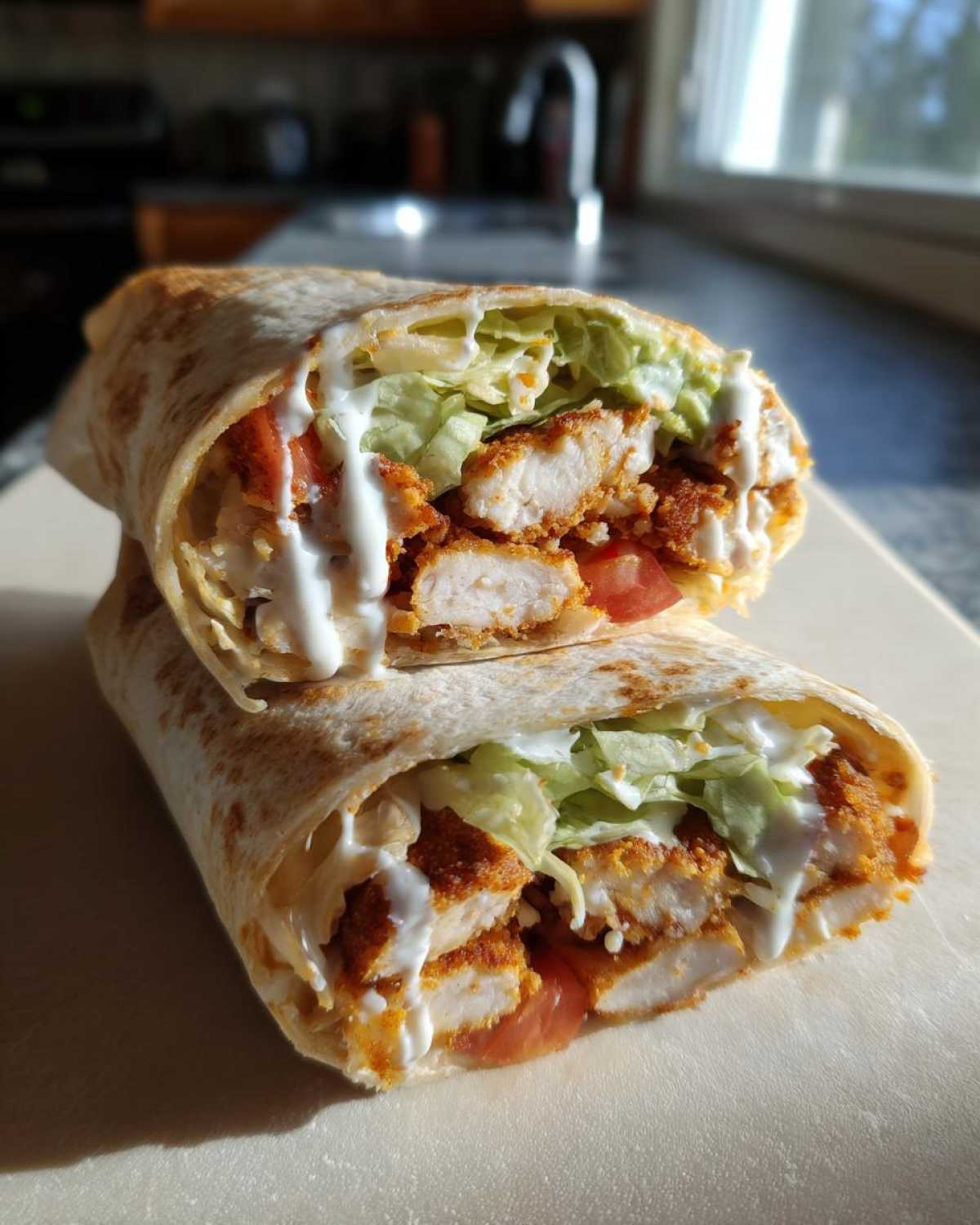 Two halves of a Crispy Chicken Wrap with Ranch Sauce, showing crispy chicken, lettuce, tomato, and dressing inside a tortilla.