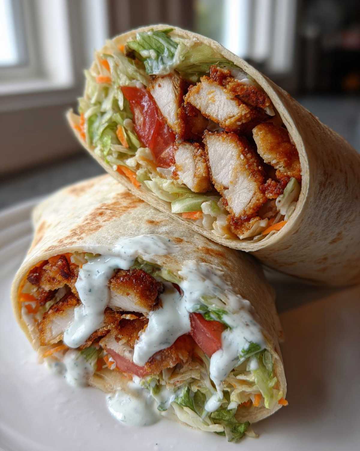 A close-up of a Crispy Chicken Wrap with Ranch Sauce cut in half, showing crispy chicken, lettuce, and tomatoes drizzled with ranch.