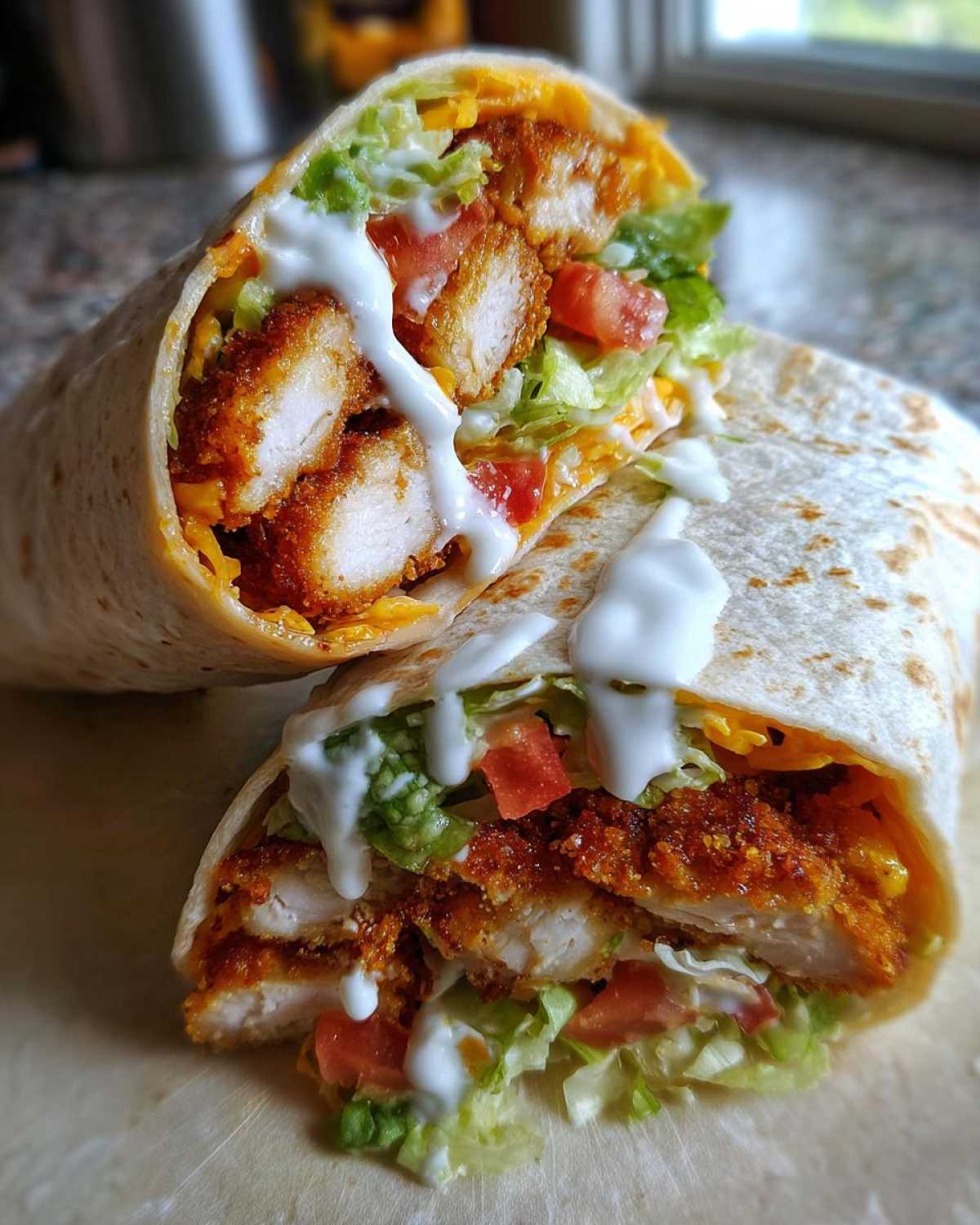 Close-up of a Crispy Chicken Wrap with Ranch Sauce cut in half, showing crispy chicken, lettuce, tomato, and cheese.