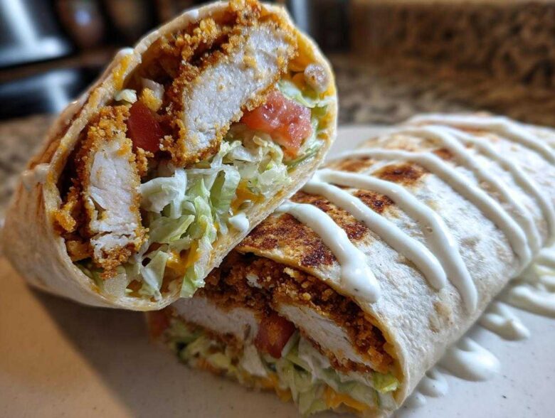 Cross-section of a Crispy Chicken Wrap with Ranch Sauce, showing fried chicken, lettuce, tomato, and a drizzle of white sauce.