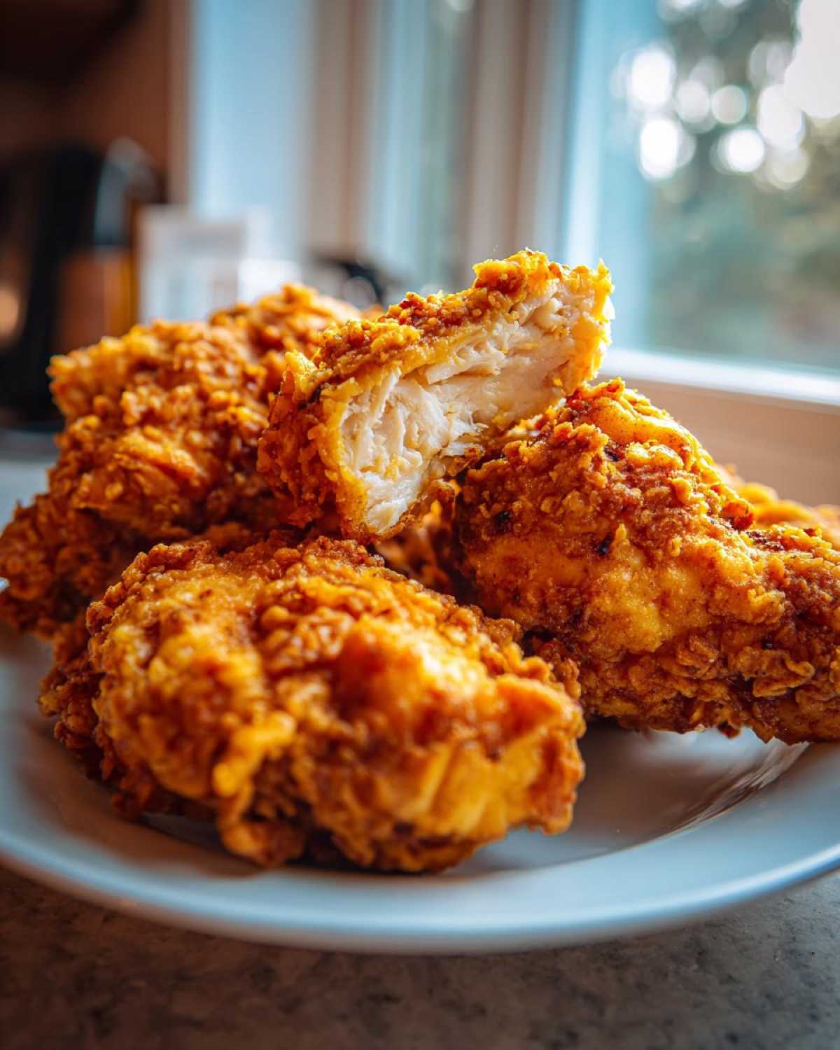 Close-up of several pieces of Crispy Fried Chicken with Golden Crunch, one piece broken open showing juicy white meat.