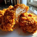 Close-up of Crispy Fried Chicken with Golden Crunch, showing the juicy white meat inside the crunchy coating.