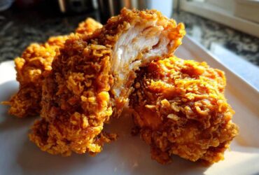 Close-up of Crispy Fried Chicken with Golden Crunch, showing the juicy white meat inside the crunchy coating.