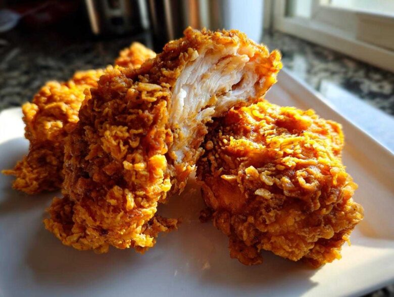 Close-up of Crispy Fried Chicken with Golden Crunch, showing the juicy white meat inside the crunchy coating.