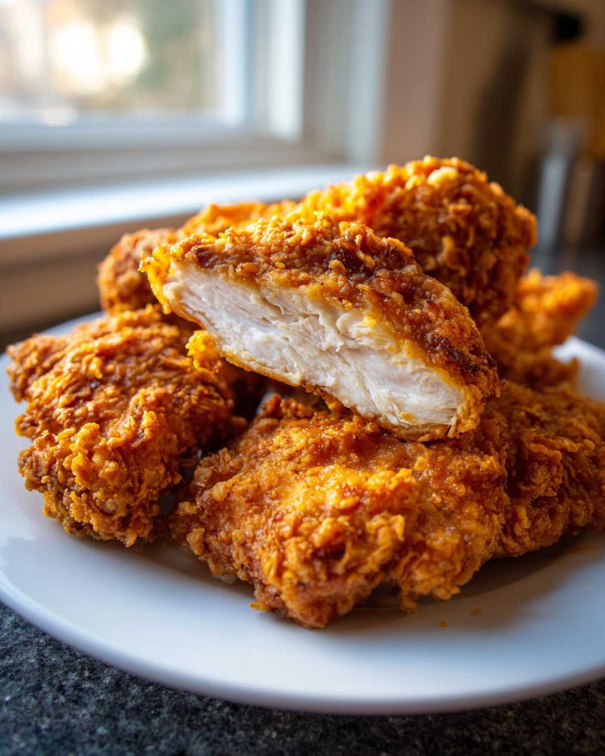 Close-up of Crispy Fried Chicken with Golden Crunch, showing one piece cut in half revealing moist white meat.