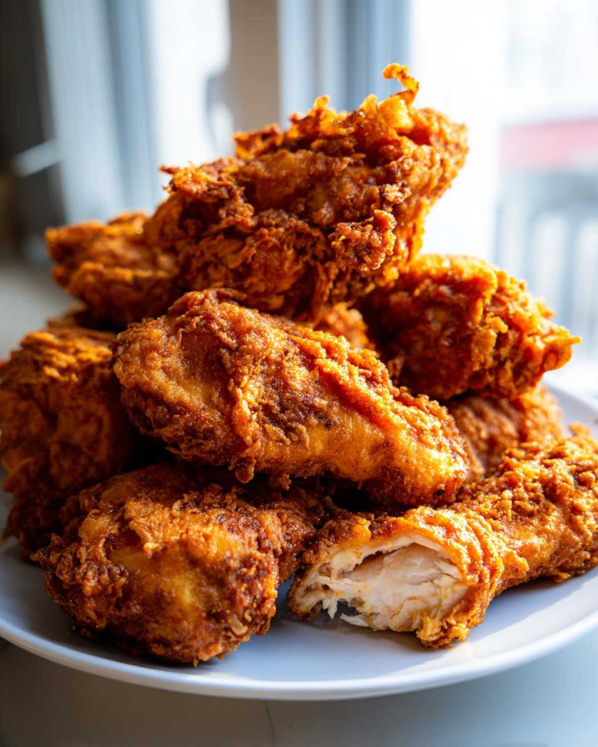 A pile of perfectly cooked Crispy Fried Chicken with Golden Crunch showing off its thick, textured crust and juicy interior.