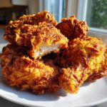 Close-up of several pieces of Crispy Fried Chicken with Golden Crunch piled on a white plate, showing the juicy interior of one piece.