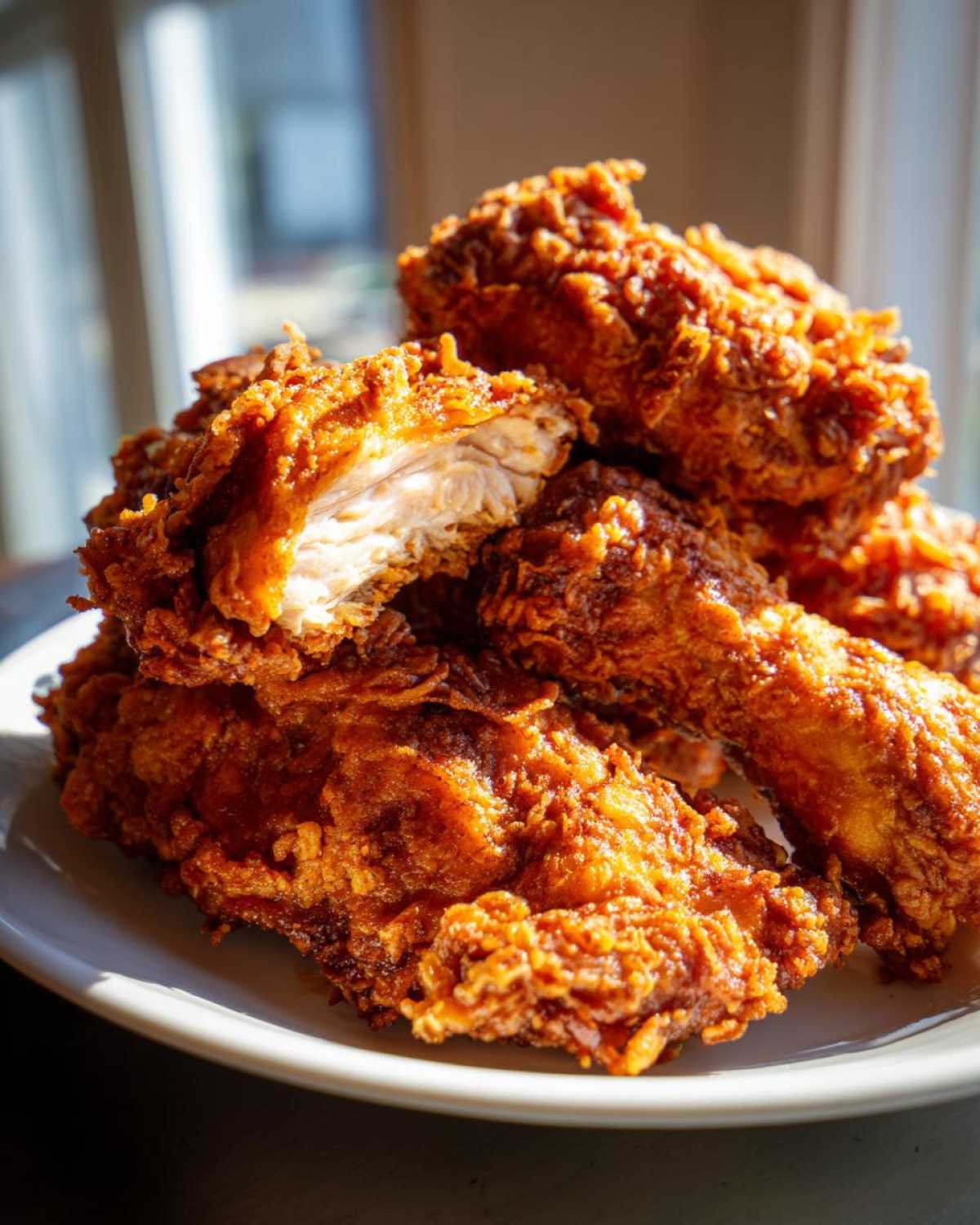 A stack of perfectly cooked Crispy Fried Chicken with Golden Crunch, one piece showing the juicy white interior.