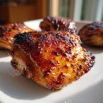 Close-up of a perfectly glazed and crispy Honey Garlic Chicken Thighs piece on a white plate.