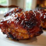 Close-up of a perfectly cooked Honey Garlic Chicken Thighs piece showing crispy, caramelized skin.