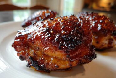 Close-up of a perfectly cooked Honey Garlic Chicken Thighs piece showing crispy, caramelized skin.