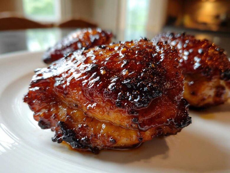 Close-up of a perfectly cooked Honey Garlic Chicken Thighs piece showing crispy, caramelized skin.
