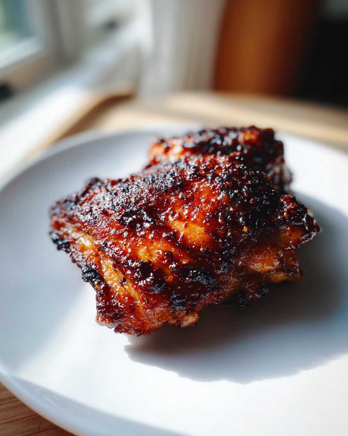 Two perfectly cooked Honey Garlic Chicken Thighs with dark, crispy, glazed skin resting on a white plate.