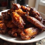 A pile of glossy, oven-baked Honey Garlic Chicken Wings, perfectly glazed and crispy, served on a white plate.