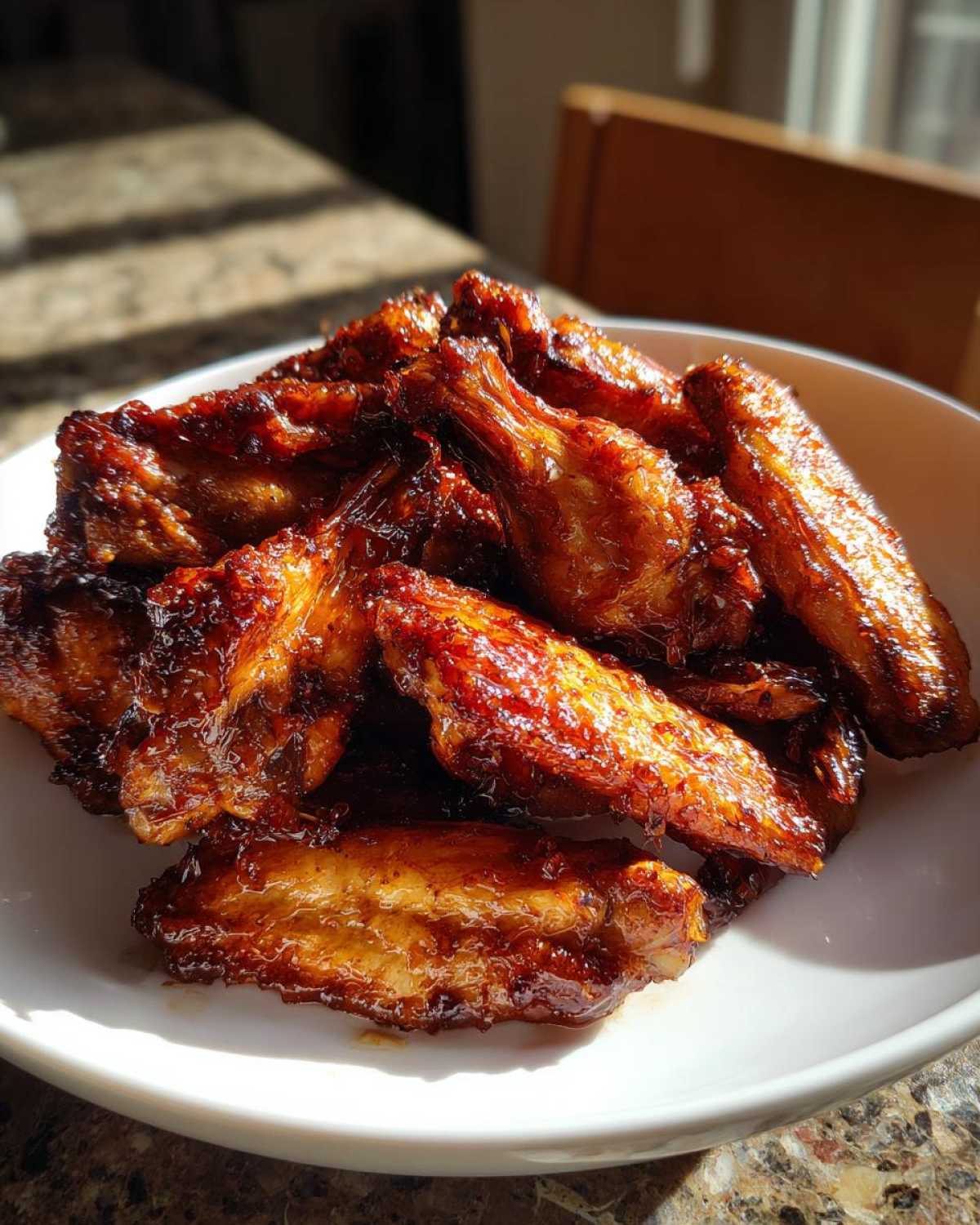 A pile of glistening, crispy Honey Garlic Chicken Wings oven baked, served in a white bowl.