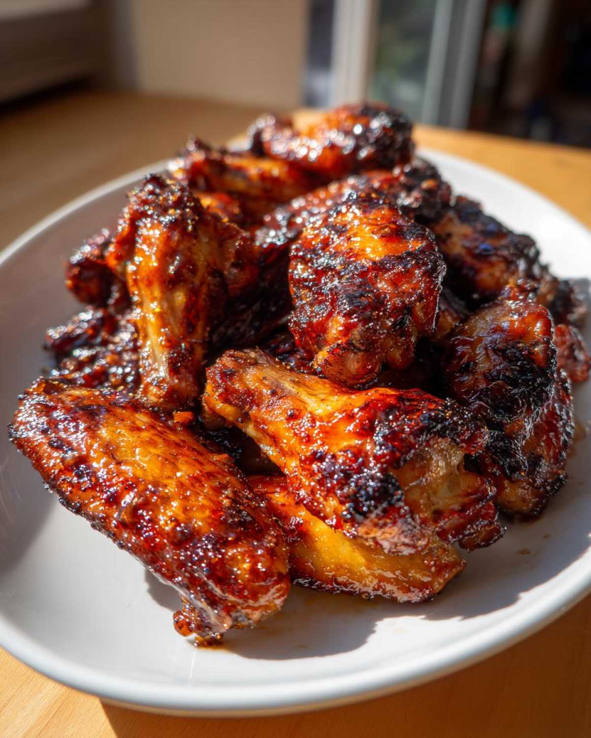 A pile of glossy, caramelized Honey Garlic Chicken Wings Crispy Oven Baked served on a white plate.