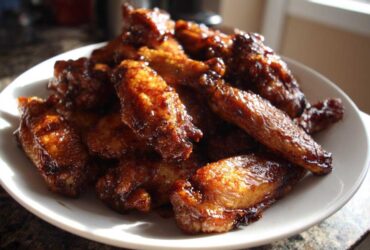 A pile of glossy, oven-baked Honey Garlic Chicken Wings, perfectly glazed and crispy, served on a white plate.