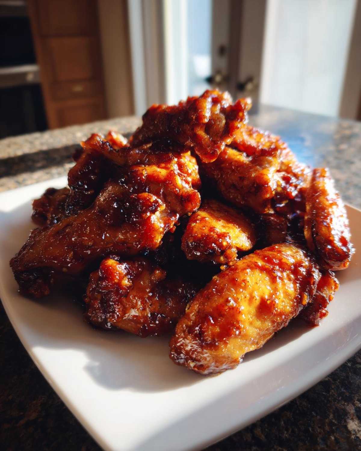 A pile of glossy, crispy Honey Garlic Chicken Wings Oven Baked stacked high on a square white plate.