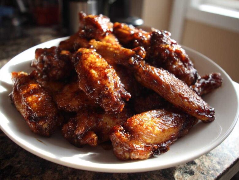A pile of glossy, oven-baked Honey Garlic Chicken Wings, perfectly glazed and crispy, served on a white plate.