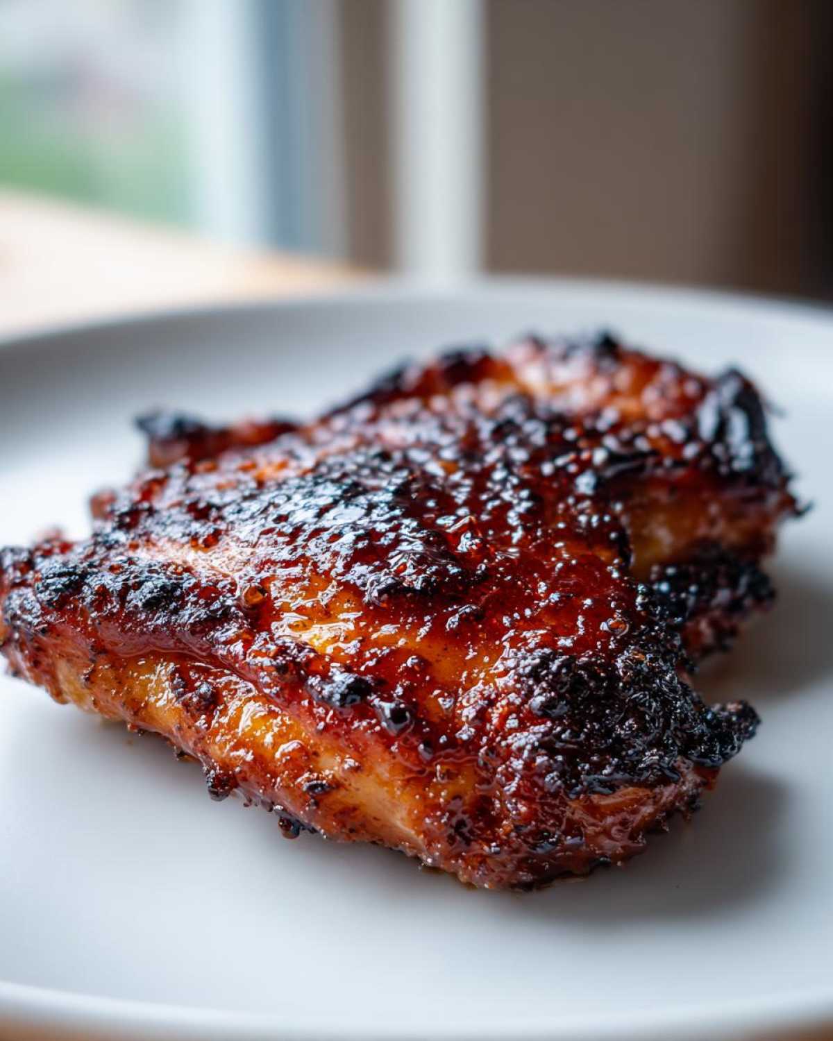 Close-up of two perfectly cooked Honey Soy Chicken Thighs with crispy, caramelized edges on a white plate.