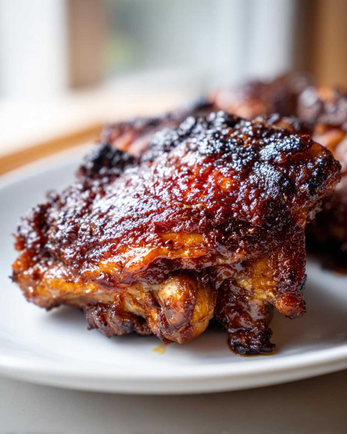 Close-up of a perfectly cooked Honey Soy Chicken Thighs with crispy, caramelized edges on a white plate.