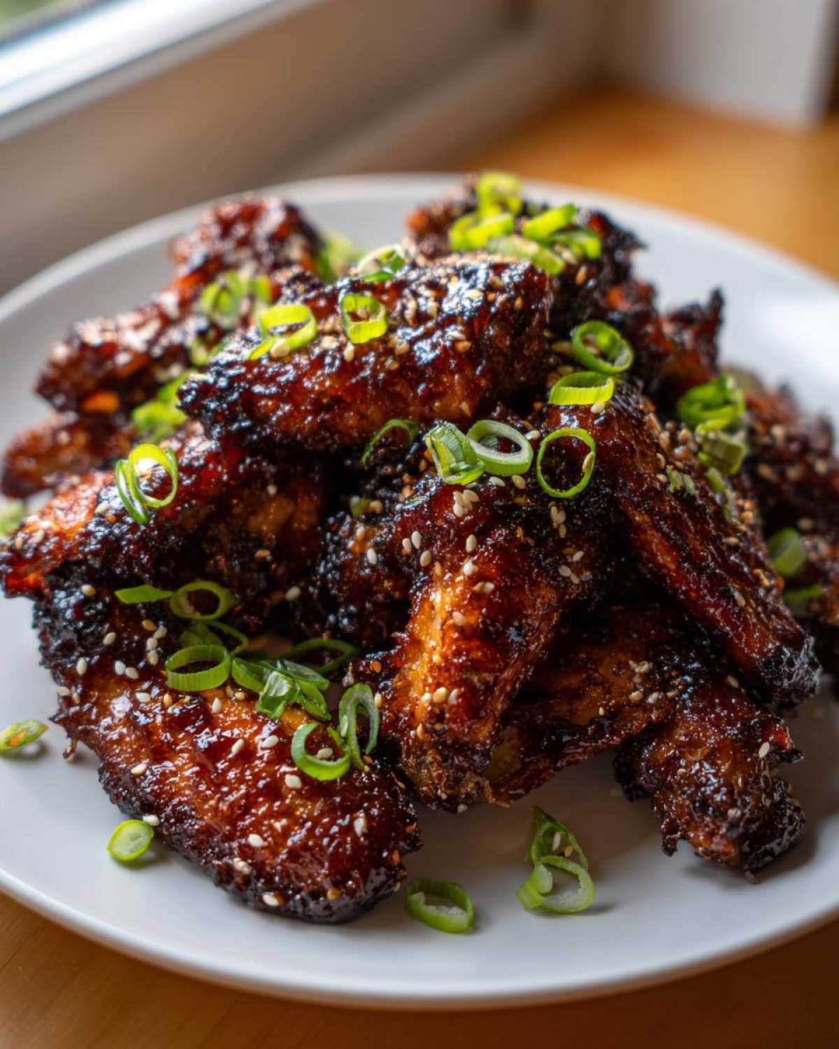 A pile of glossy, dark, crispy Honey Soy Chicken Wings Crispy Oven Baked, garnished with sesame seeds and sliced green onions.