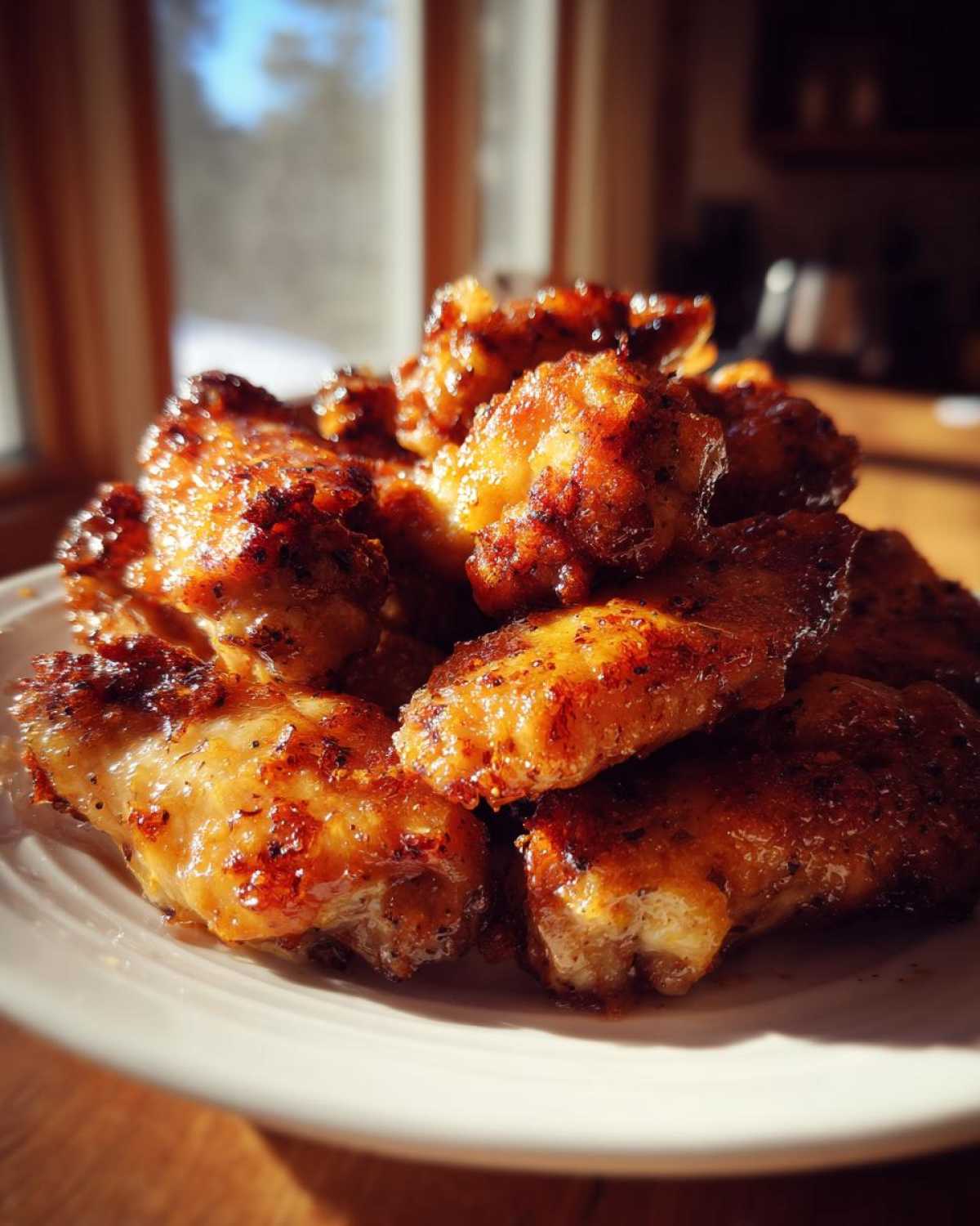 A pile of crispy Lemon Pepper Chicken Wings Crispy Oven Style glistening under natural light.