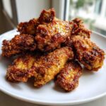 A pile of golden-brown, crispy Lemon Pepper Chicken Wings Crispy Oven Style glistening with sauce on a white plate.