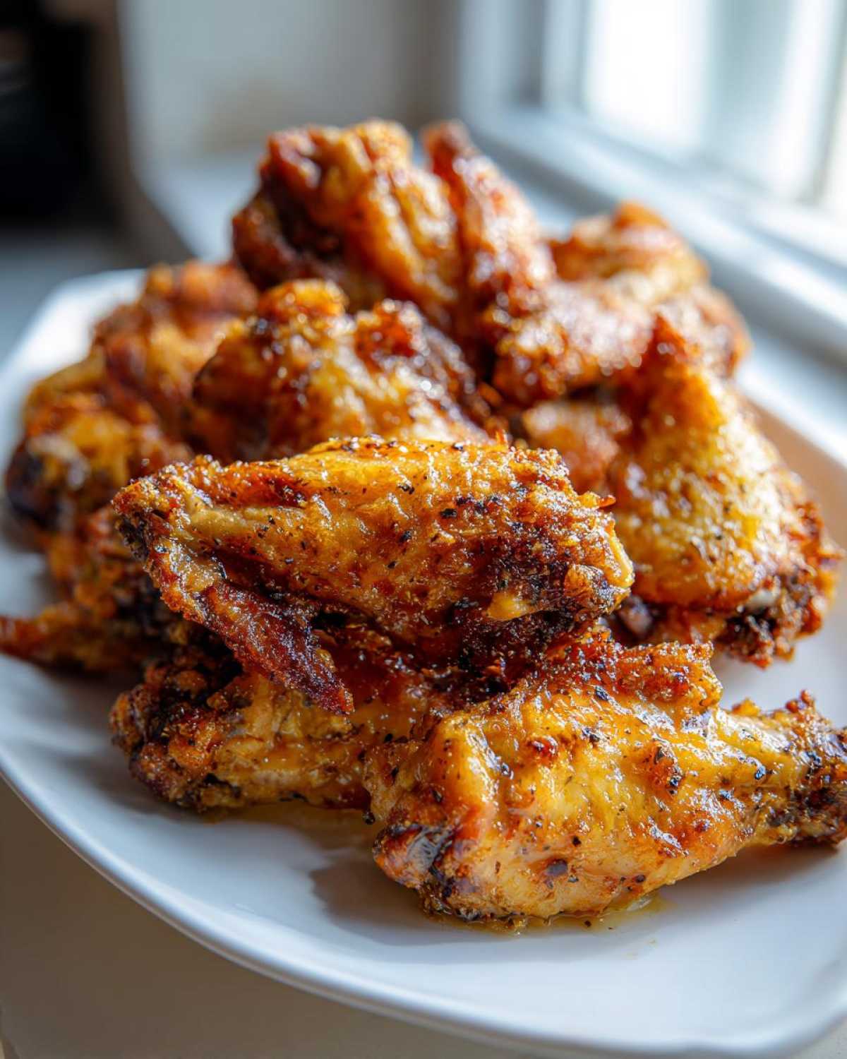 Close-up of golden brown, crispy Lemon Pepper Chicken Wings Crispy Oven Style piled high on a white plate.