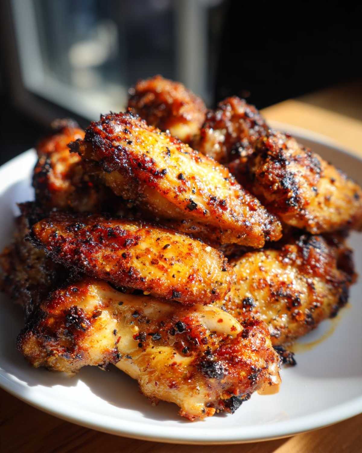 Close-up of perfectly cooked, crispy Lemon Pepper Chicken Wings Oven Style piled on a white plate.