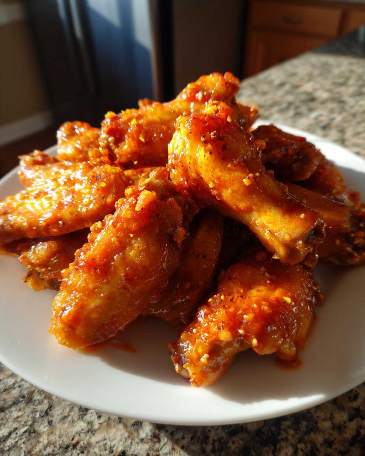 A plate piled high with glossy, crispy oven baked Honey Sriracha Chicken Wings, glistening under natural light.