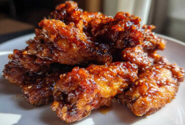 A pile of crispy oven Sticky Sweet Chili Chicken Wings glistening with a thick, dark glaze and sesame seeds.