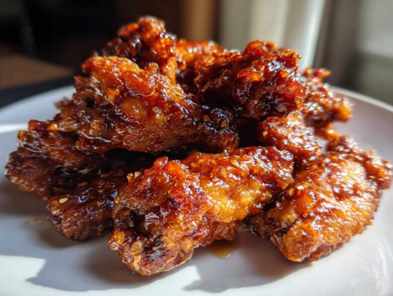 A pile of crispy oven Sticky Sweet Chili Chicken Wings glistening with a thick, dark glaze and sesame seeds.